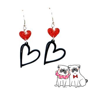 Black Open Heart & Red Acrylic Heart Earrings Dangling